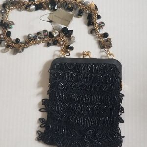 NWT Vtg Adrienne Vittadini  Black Bead Fringe Bag Gold Chain Dangle Charms Strap